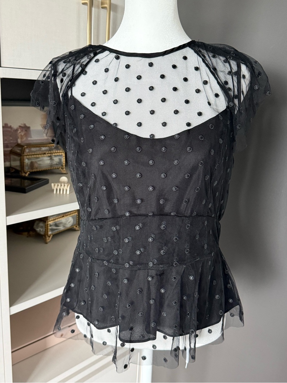J. Crew Black Polka Dot Sheer Peplum Top